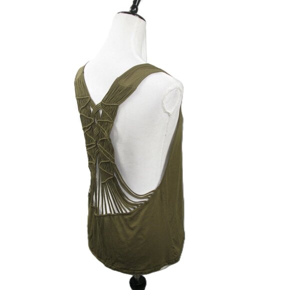 Free People Boho Army Green Crochet Back Knit Tank Top Size Small - Picture 1 of 6